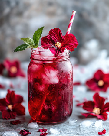 An iced hibiscus tea with a vibrant red color in a glass jarの素材