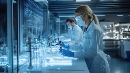 High-tech laboratory with scientists workingの素材