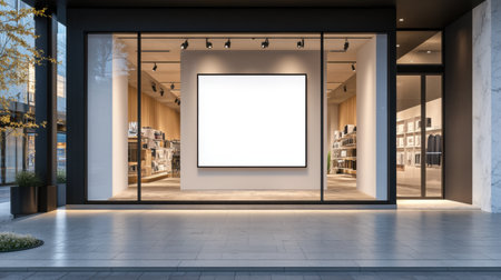 A storefront window with a blank poster for retail advertising mockupの素材