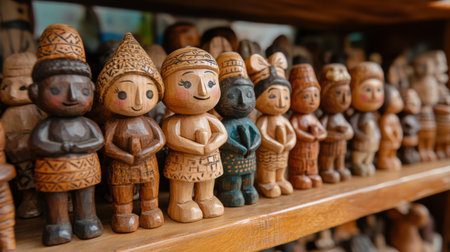 Hand-carved wooden figurines on a shelfの素材