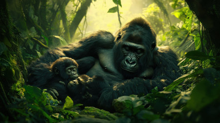 A gorilla family resting in a dense jungle clearingの素材