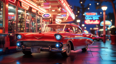 Retro diner with neon signs and vintage carsの素材