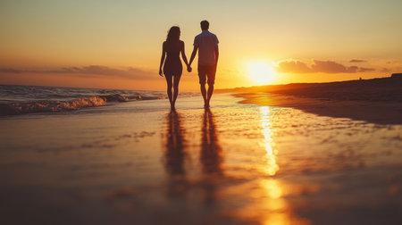 Romantic couple walking hand in hand on a beachの素材
