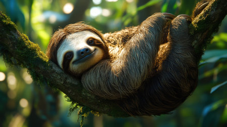 A sloth hanging lazily from a tree branchの素材