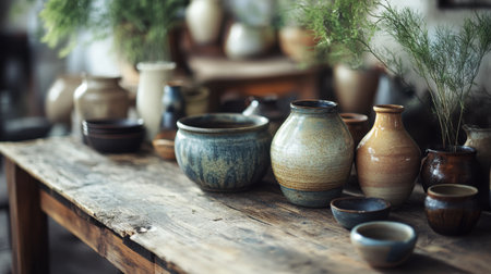 Handmade pottery on a rustic tableの素材