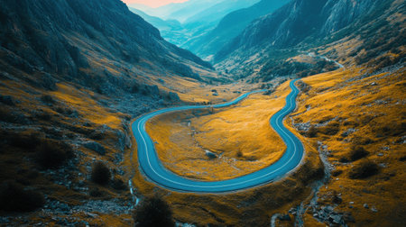 Aerial view of a winding road through mountainsの素材