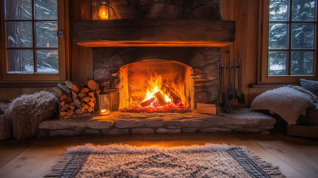 Cozy fireplace with a crackling fireの素材