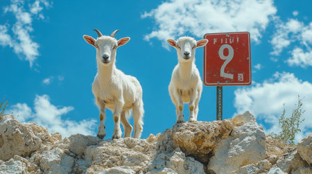 A pair of goats climbing a rocky hill on a farmの素材