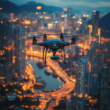 AI-powered drone flying over a high-tech urban landscapeの素材
