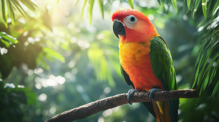 A colorful parrot perched on a branch in a tropical rainforestの素材