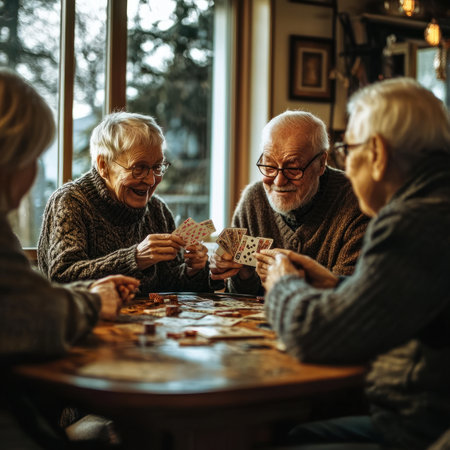 A group of elderly friends playing cards together in a bright roomの素材
