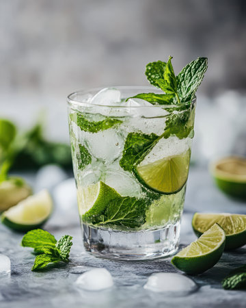 A glass of virgin mojito with fresh mint and lime wedgesの素材