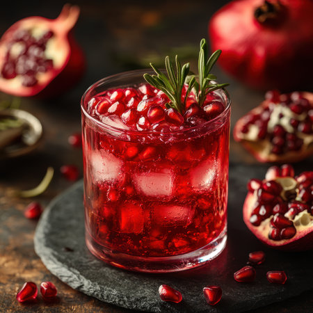 A glass of pomegranate juice with pomegranate seeds as garnishの素材