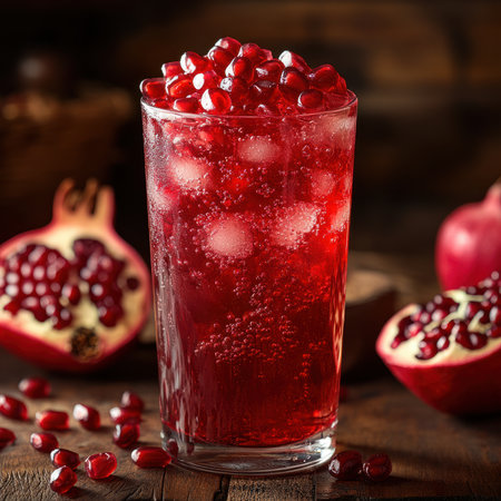 A glass of pomegranate juice with pomegranate seeds as garnishの素材