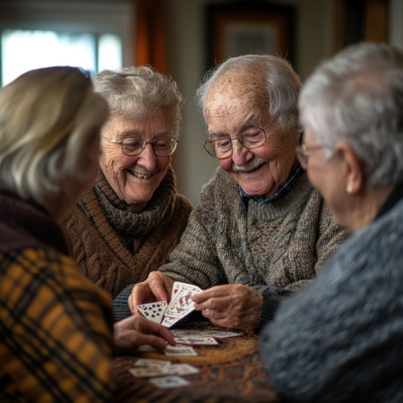 A group of elderly friends playing cards together in a bright roomの素材