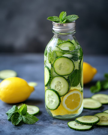 A detox water with lemon, cucumber, and mint leaves in a glass bottleの素材