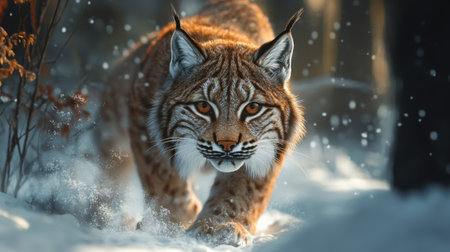 A lynx stalking through a snowy forestの素材