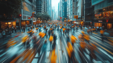 Crowded city street with people rushing byの素材