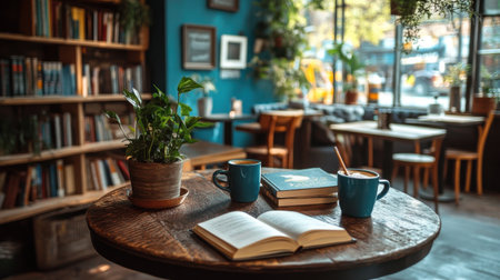 Cozy cafa with books and coffee cupsの素材
