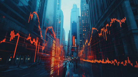 A drone view of a financial district with stock market data overlaysの素材