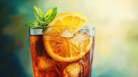 A glass of iced tea with a lemon slice and a sprig of mintの素材