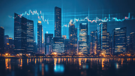 A financial district skyline with stock market data projected onto the buildingsの素材