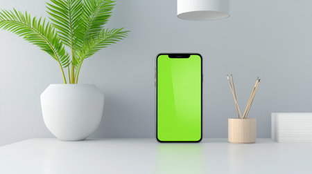 A smartphone mockup with customizable screen options, placed in a bright, modern workspace.の素材