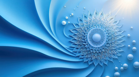 A vibrant blue background with intricate mandala patterns in light blue, creating a detailed and artistic textureの素材