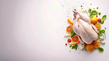 A whole chicken being marinated on a white background, showcasing fresh ingredients and cooking techniques.の素材