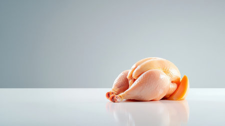 A whole raw chicken displayed on a white background, ready for seasoning and cooking, symbolizing homemade meal preparation.の素材