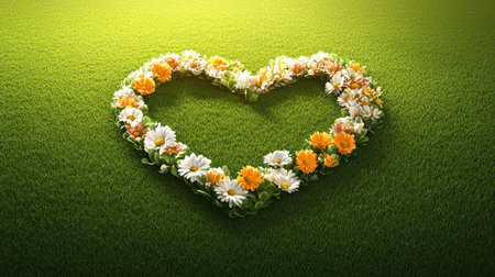 A vibrant heart-shaped outline formed by wildflowers, displayed over a rich green grass background, evoking nature beautyの素材