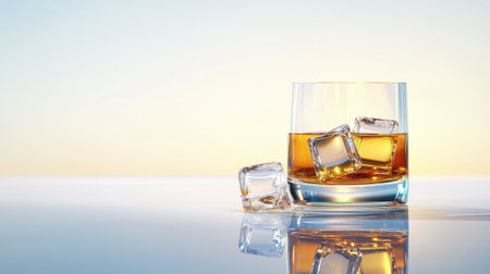 A whiskey glass with ice, isolated on a white background, with light reflections creating a simple yet elegant scene.の素材