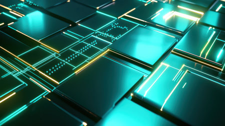 Abstract green and blue tech pattern with glowing circuits and digital shapes forming a tech grid.の素材