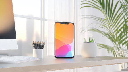 A sleek iPhone mockup on a modern desk, showcasing a colorful app design on the screen, perfect for presentations.の素材