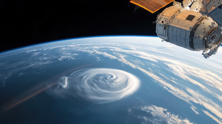A view of outer space from an orbiting space station, showing the curvature of a planet with space stretching out into the distanceの素材