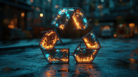 A 3D recycle icon with a rotating effect on a neon green backdropの素材