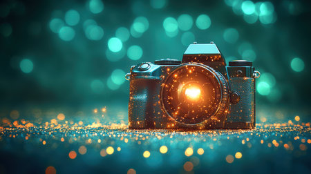 A camera flash icon with a burst of light effect on a vivid green backdropの素材