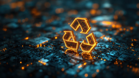 A 3D recycle icon with a rotating effect on a neon green backdropの素材