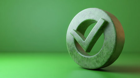A checkmark in a circle icon with a 3D effect, isolated on a bright green backgroundの素材