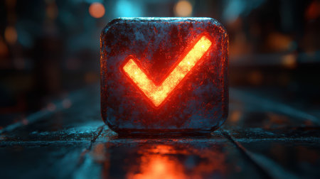 A checkmark icon with a glowing outline and shadow effect on a neon green backgroundの素材