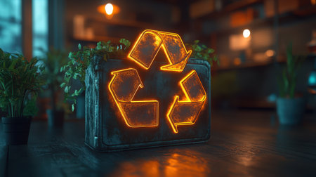 A 3D recycle icon with a rotating effect on a neon green backdropの素材