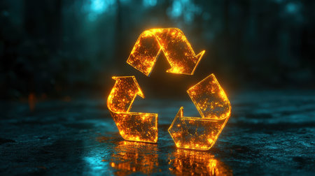 A 3D recycle icon with a glowing outline effect on a neon green backgroundの素材