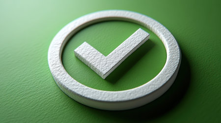A checkmark in a circle icon with a 3D effect, isolated on a bright green backgroundの素材