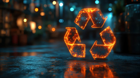 A 3D recycle icon with a glowing outline effect on a neon green backgroundの素材