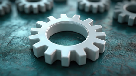 A 3D cog icon with a rotating effect on a soft green backdropの素材