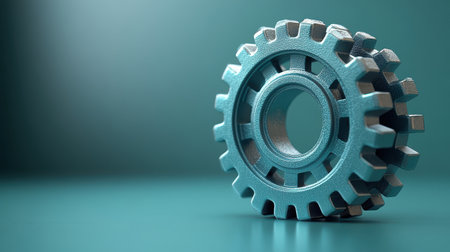 A 3D cog icon with a rotating effect on a soft green backdropの素材