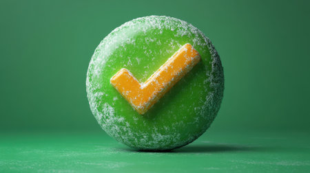 A checkmark in a circle icon with a 3D effect, isolated on a bright green backgroundの素材