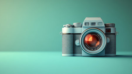 A camera icon with a lens flare effect, placed on a soft green backgroundの素材