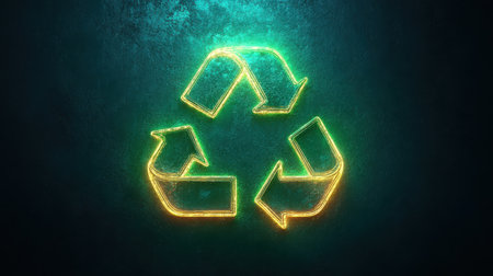 A 3D recycle icon with a glowing outline effect on a neon green backgroundの素材