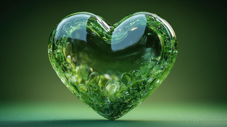 A glossy heart icon with a metallic finish on a bright green backgroundの素材